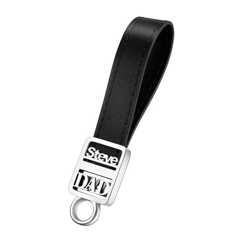 Name Key Chain Leather Stainless Steel Holder Personalized Fathers Gift