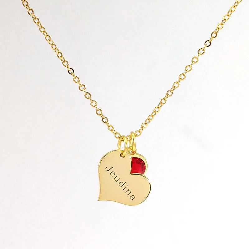 Heart Pendant Birth Stone Necklace 18K Plated Stainless Steel Women Jewelry