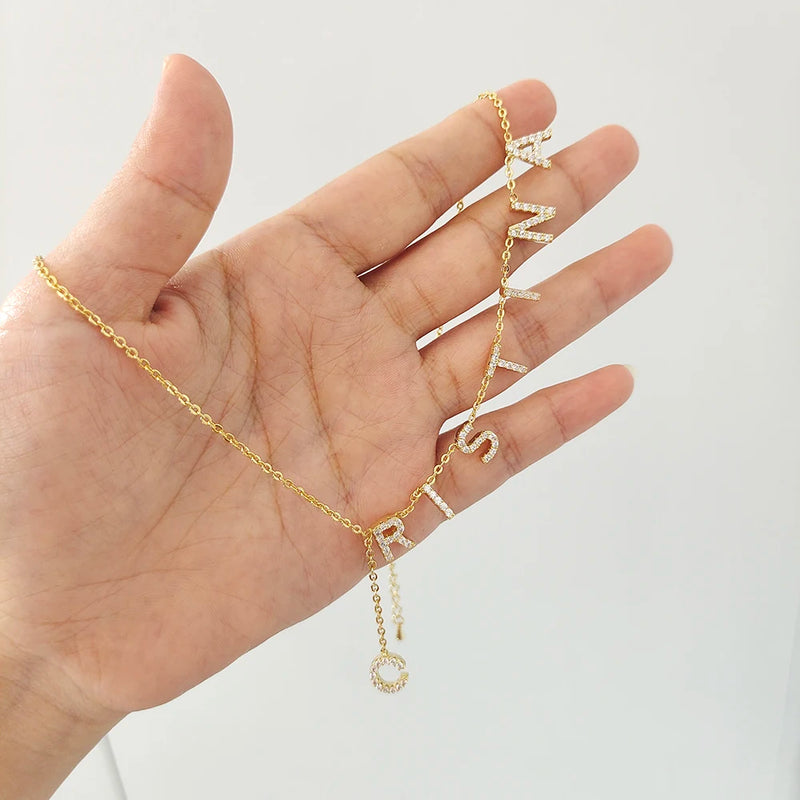 Zircon Crystal Initial Letter Pendant Necklace Tennis Chain