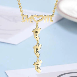 MOM Heart Necklace Footprint Pendant Engraved Nameplate Stainless Steel