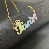 Personalized Bling Name Necklace Stainless Steel Jewelry Crown And Butterfly