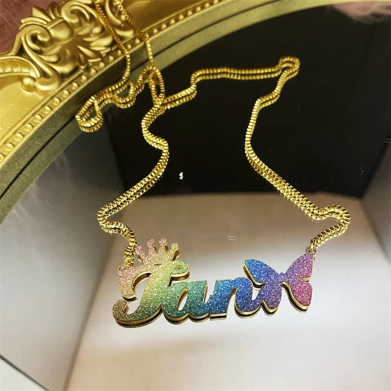 Personalized Bling Name Necklace Stainless Steel Jewelry Crown And Butterfly