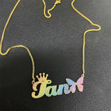 Personalized Bling Name Necklace Stainless Steel Jewelry Crown And Butterfly