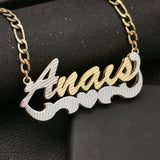 Double Nameplate Diamond Cut Necklace With Heart, Personalized Stainless Steel
