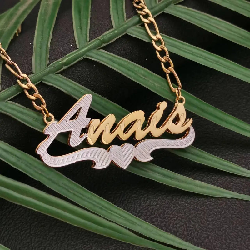 Personalized Double Plate Name Necklace with Heart Pendant