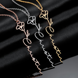 Custom Handwriting Name Necklace 12 Birth Flowers Stainless Steel Pendant