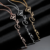 Custom Handwriting Name Necklace 12 Birth Flowers Stainless Steel Pendant