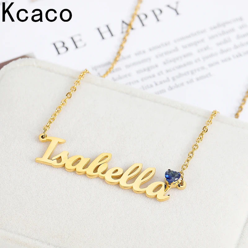 Heart Shape Zircon Stone Name Necklace, Stainless Steel Pendant for Women
