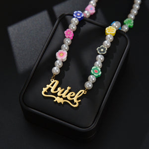 Personalized Stianless Steel Letter Pearl Flowers Heart Rhinestones Necklace