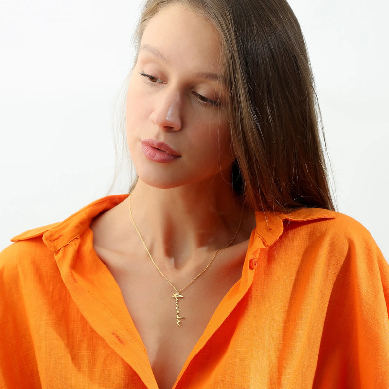 Name Necklace, Vertical Handwriting Necklace, Stainless Steel Gift for Women