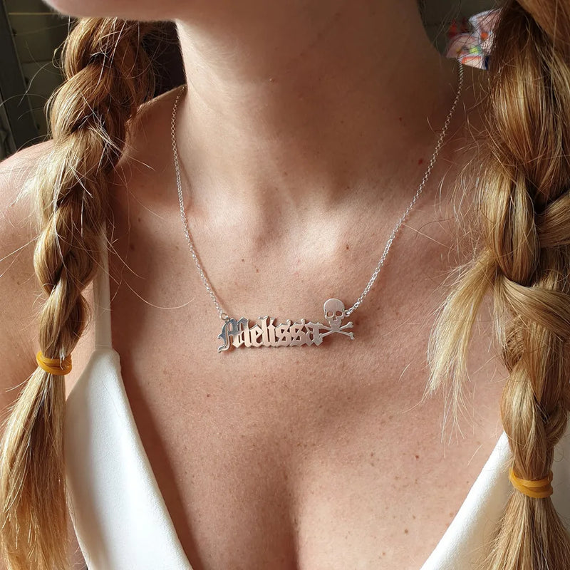 Skull Gothic Name Necklace Stainless Steel Old English Font