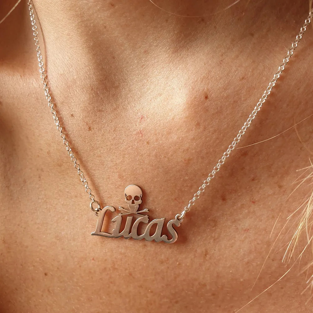 Skull Name Necklace Stainless Steel Silver Personalized Birthday Gift
