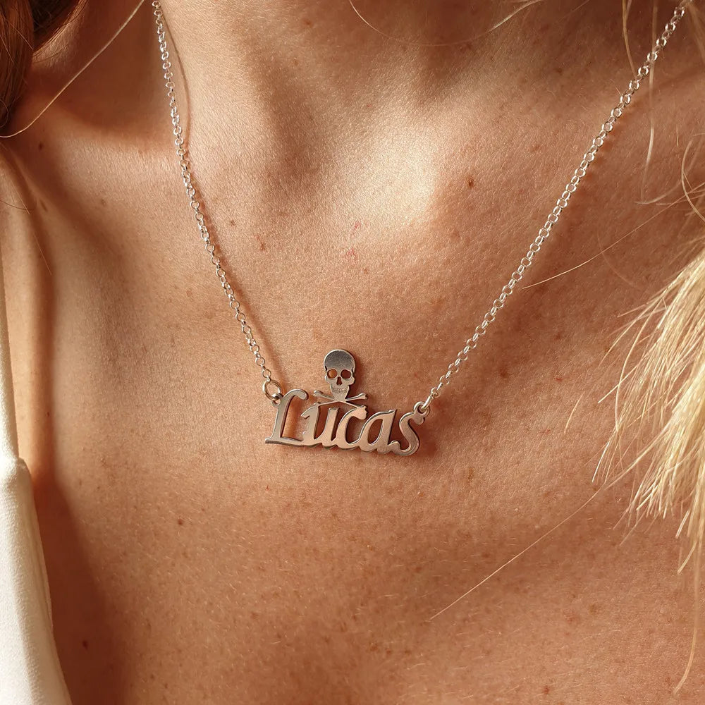 Skull Name Necklace Stainless Steel Silver Personalized Birthday Gift