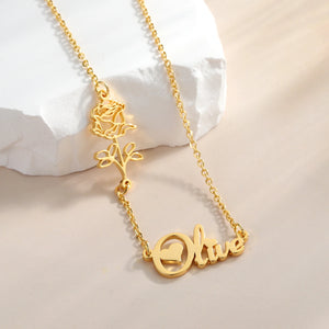 Personalized Name Necklace with Birth Flower Pendant
