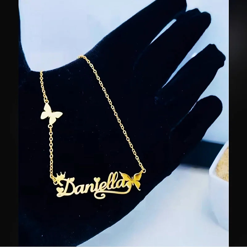 Butterfly Name Necklace for Women Crown ID Necklace