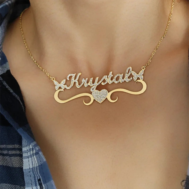 Heart Butterfly Name Necklace Personalized Pendant