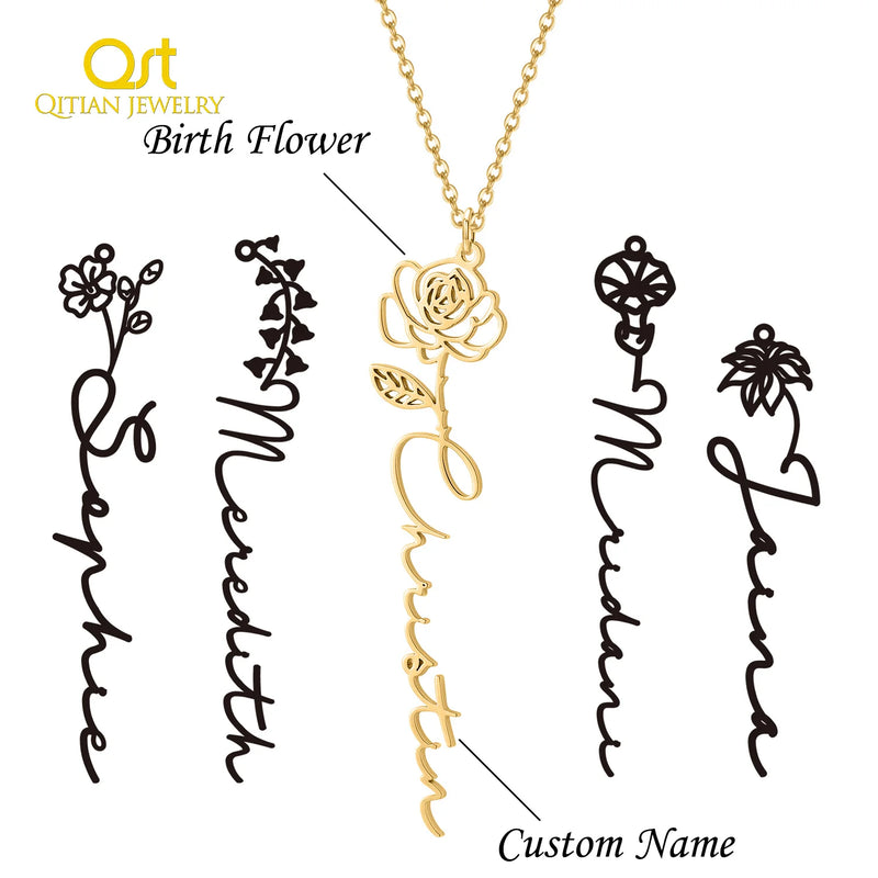 Personalised Name Necklace with Twelve Birth Flowers for Women