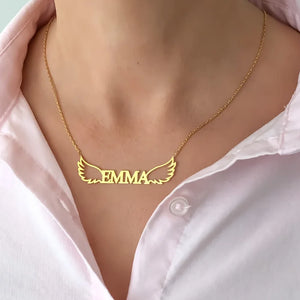 Personalized Nameplate Necklace with Wing Stainless Steel Choker Necklace
