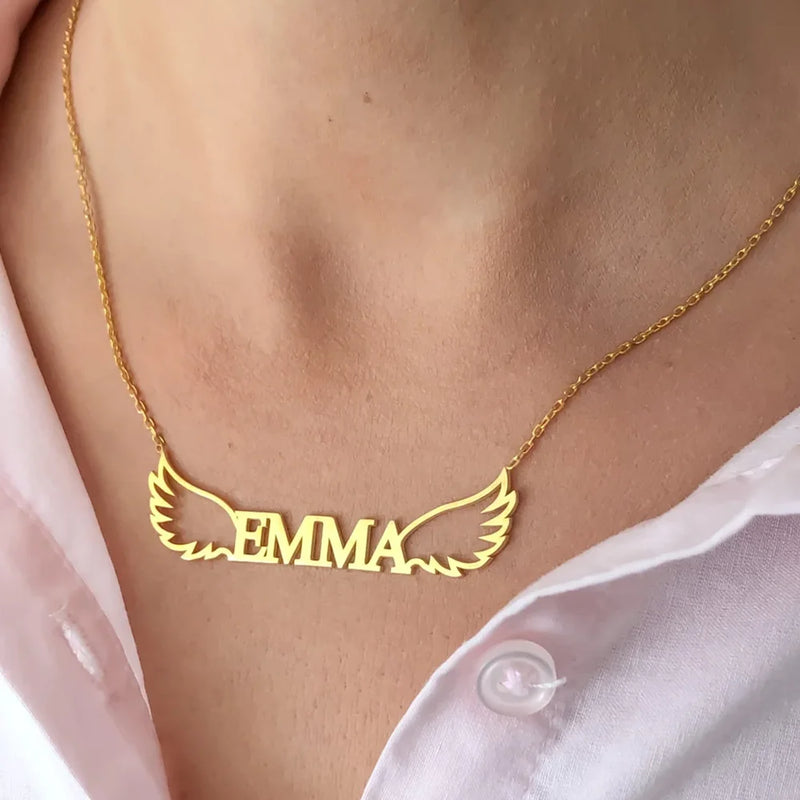 Personalized Nameplate Necklace with Wing Stainless Steel Choker Necklace