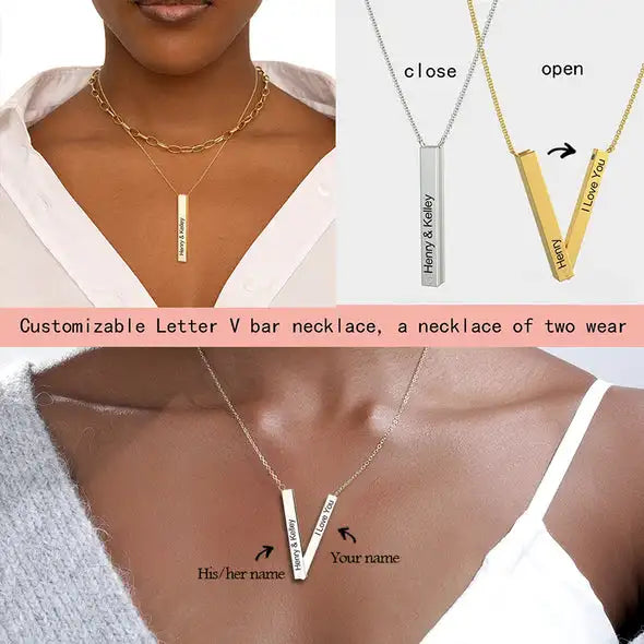 V Shape Name Necklace for Women Stainless Steel Personalised Gift