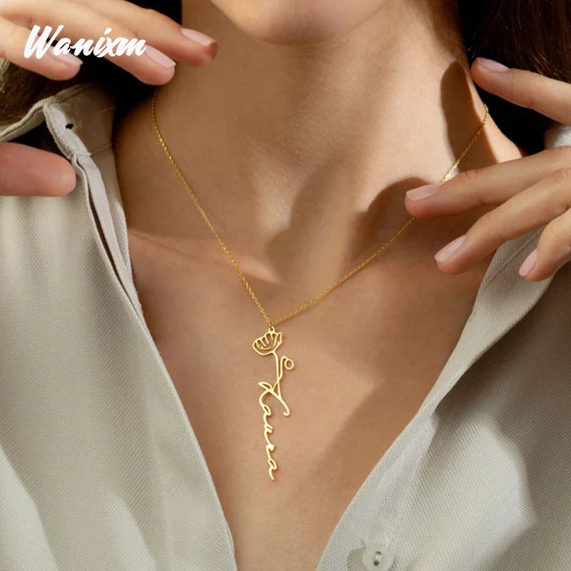 Personalized Birth Flower Name Necklace - Minimalist Jewelry