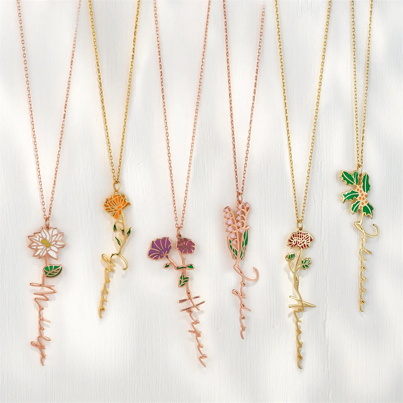 Name Necklace Birth Flower Vertical Letter Pendant Personalized Nameplate