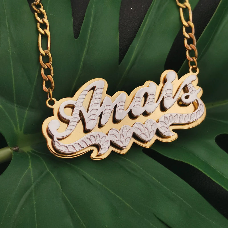 Double Hearts Name Necklace Stainless Steel Chain