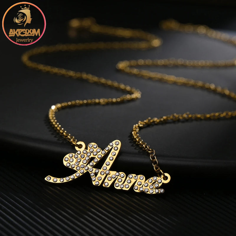 Zircon Bling Letter Pendant Name Necklace Stainless Steel Tiny Chain