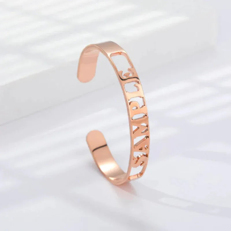 Custom Engraved Open Bangle Bracelet with Ler Jewelry for Women - Birthday Gift