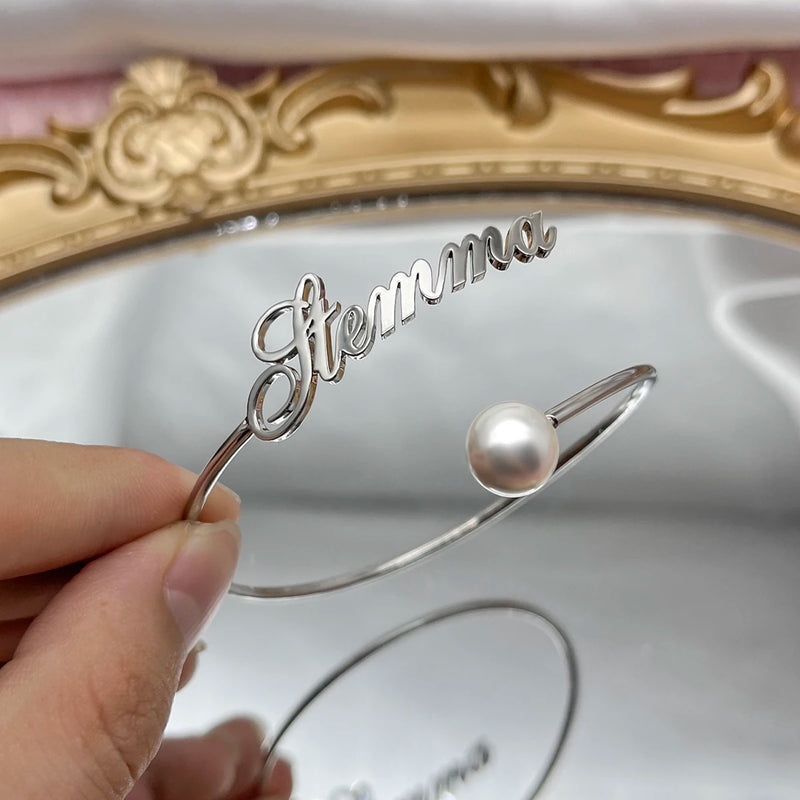 Pearl Bangle Nameplate Bracelet Stainless Steel Adjustable Personalized