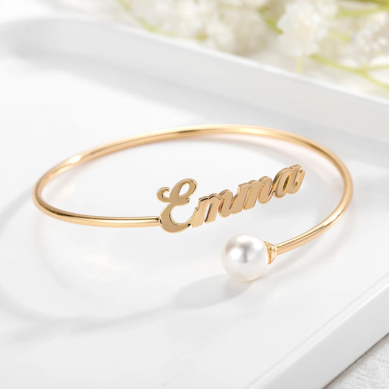 Personalized Pearl Bangle Name Bracelet Stainless Steel Adjustable