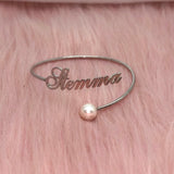 Pearl Bangle Nameplate Bracelet Stainless Steel Adjustable Personalized