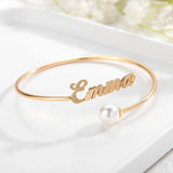 Personalized Pearl Bangle Name Bracelet Stainless Steel Adjustable
