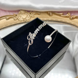 Pearl Bangle Nameplate Bracelet Stainless Steel Adjustable Personalized