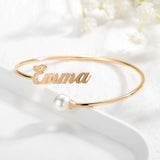 Personalized Pearl Bangle Name Bracelet Stainless Steel Adjustable