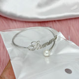 Pearl Bangle Nameplate Bracelet Stainless Steel Adjustable Personalized