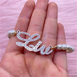 Customized Name Pearl Bracelet with Diamond Letter & Crystal Plating