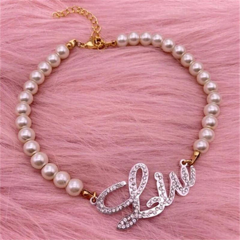 Customized Name Pearl Bracelet with Diamond Letter & Crystal Plating