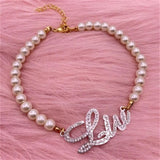 Customized Name Pearl Bracelet with Diamond Letter & Crystal Plating