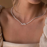 Custom Name Pearl Chain Necklace for Women Men Silver Stainless Steel