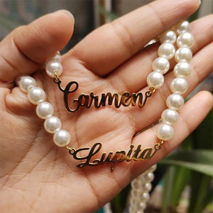 Personalized Stainless Steel Nameplate Pearl Necklace for Women