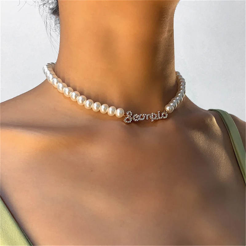 Personalized Stainless Steel Name Pendant Pearl Necklace Choker Gift