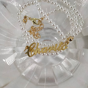18k Plated Nameplate Pearl Choker Necklace for Women