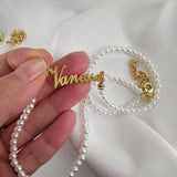 18k Plated Nameplate Pearl Choker Necklace for Women