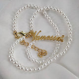 18k Plated Nameplate Pearl Choker Necklace for Women