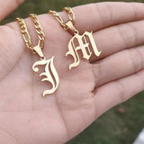 Initial Old English Letter Pendant Necklace Stainless Steel Chain Jewelry