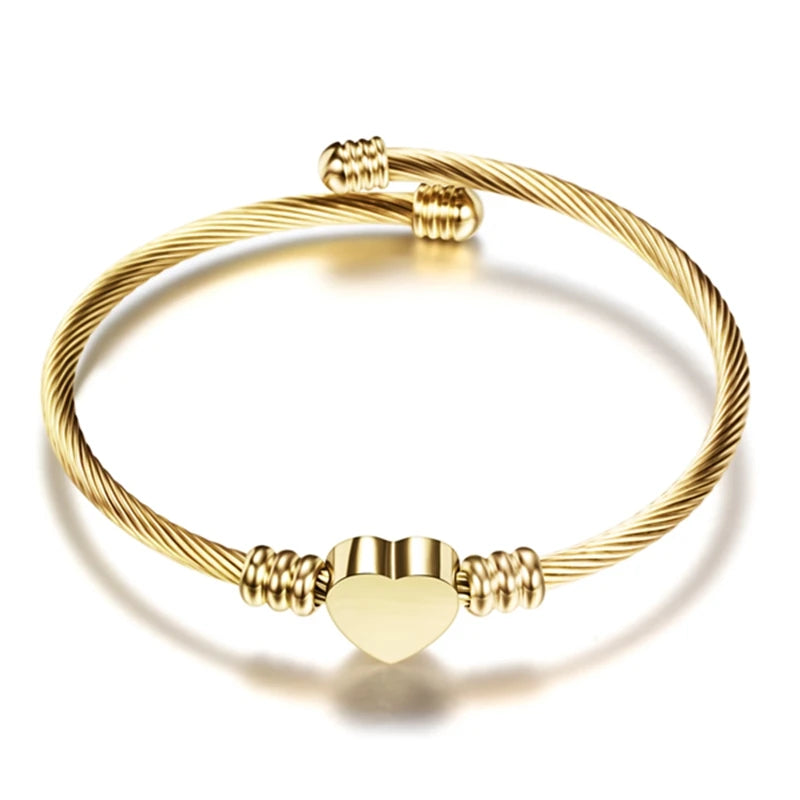 Heart Charm Bracelet Stainless Steel Adjustable Cuff Wristband