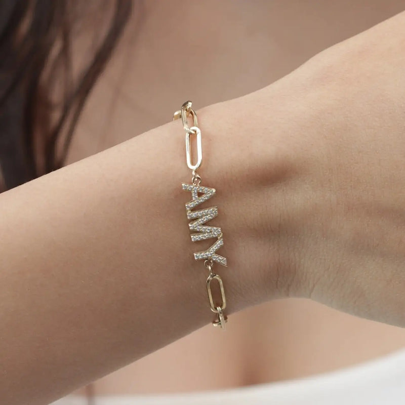 Diamond Name Bracelet/Personalized Stainless Steel Bracelet/ Paperclip Chain