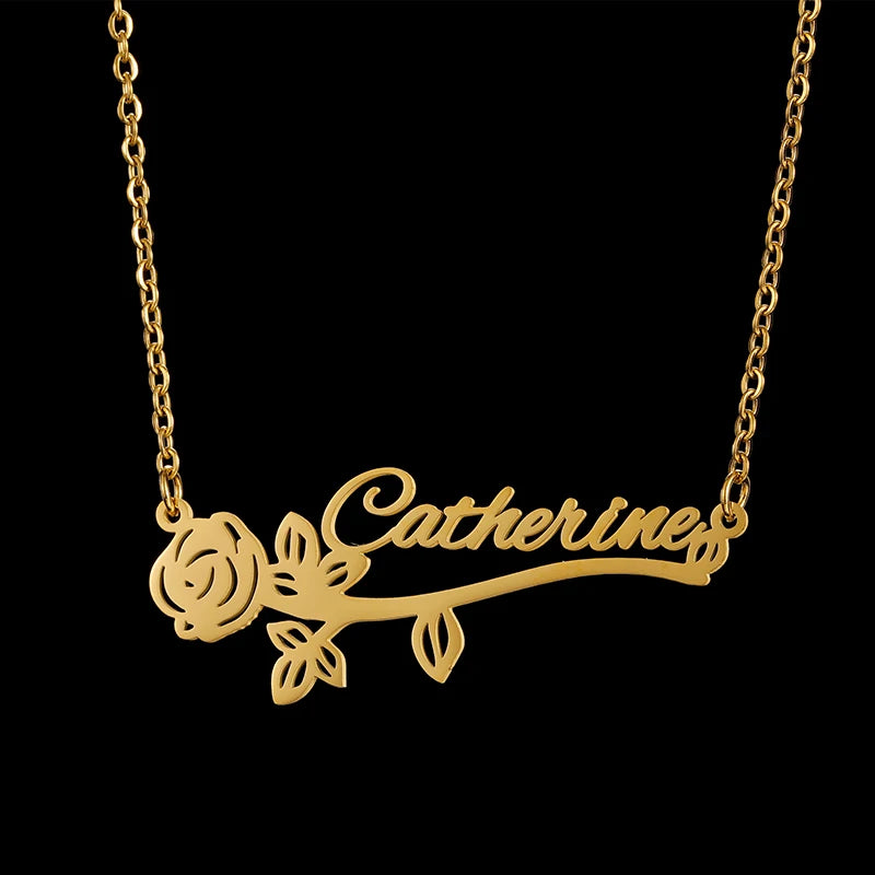 Rose Nameplate Pendant Necklace Flower Choker Jewelry