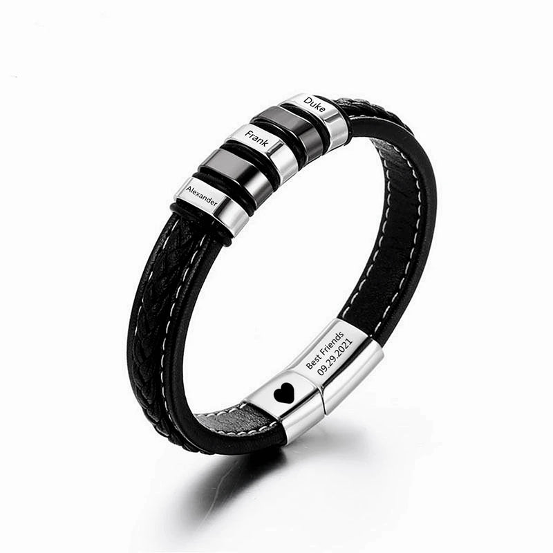 Men's Leather Name Bracelet with Stainless Steel Beads